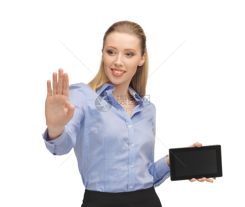从事平板工作的妇女裙子蓝色青年女性人士商业女孩教育技术工人图片