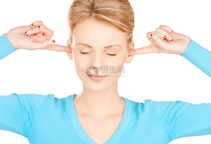 妇女用手指耳聋商务侮辱手势噪音压力情怀耳朵震惊头痛女性图片