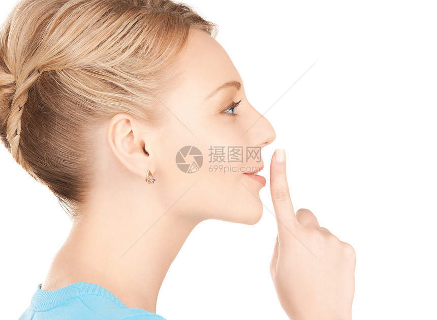 女人用手指在嘴唇上警告生意惊喜暗示快乐女孩女性耳语学生商务图片