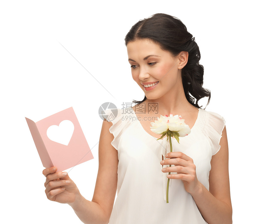 持有花和明信片的年轻妇女女子黑发生日玫瑰邀请函卡片伴娘女性微笑惊喜图片