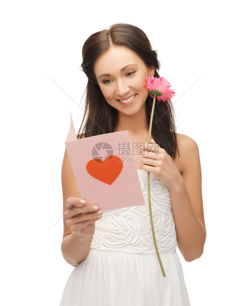 持有花和明信片的年轻妇女礼物女士女性伴娘黑发纪念日邀请函惊喜婚礼生日图片