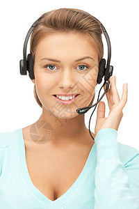 友好女性求助热线接线员代理人耳机技术女孩服务台手机快乐中心接待员女性漂亮的高清图片素材