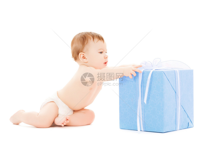 带礼物盒的幸福儿童蓝色男生女孩盒子生日尿布婴儿童年惊喜礼物图片