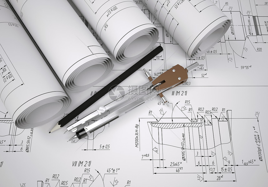 工程图纸和工具滚动项目工程师圆规桌子机械文档工业素描工作蓝图图片