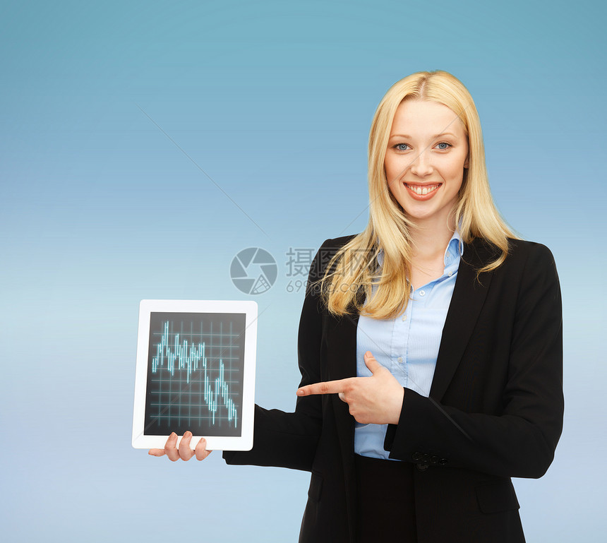 微笑着的女人 用平板电脑Pc和前身图在上面市场商业技术女孩蓝色药片速度外汇交换屏幕图片