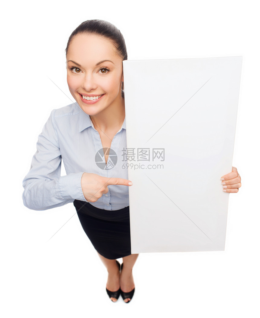 指白空白板的女商业妇女图片