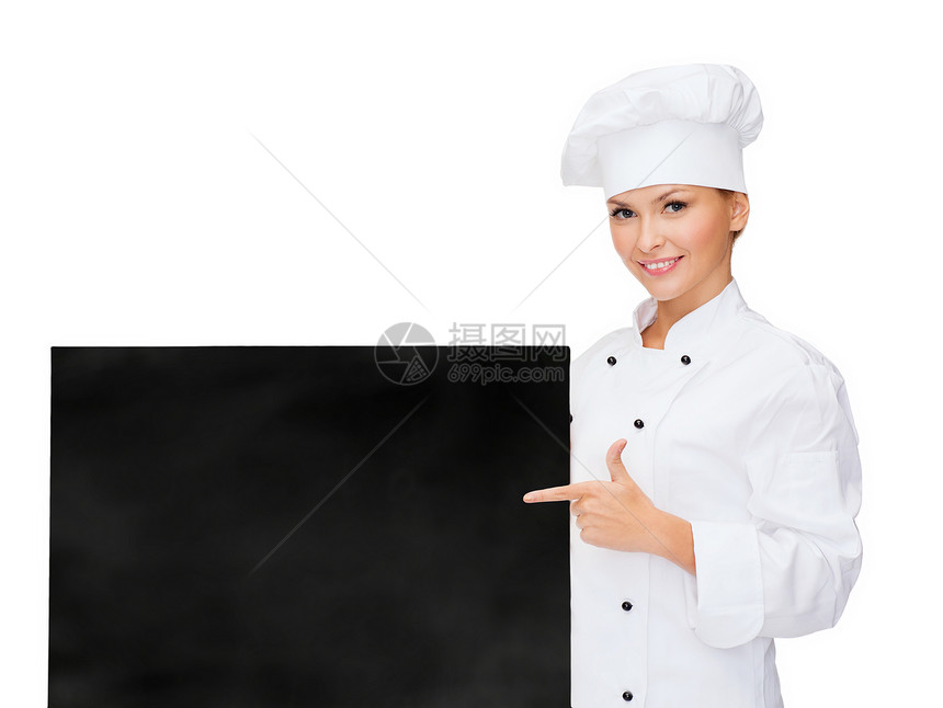 带白白板的笑着女厨师手指职业广告横幅帽子成人工人餐厅海报管理人员图片