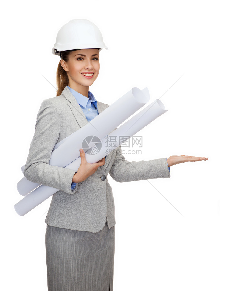 带着蓝图的白头戴白头盔的微笑建筑师管理人员成人棕榈企业家商业建筑学开发商女性方案财产图片
