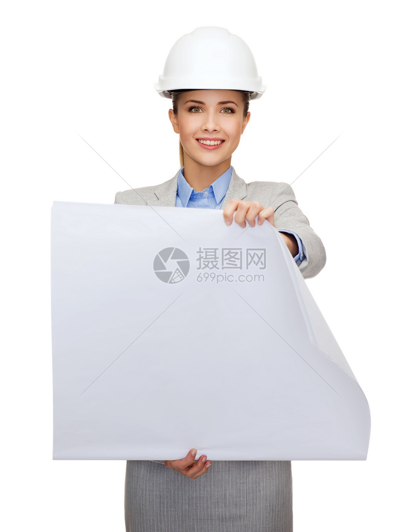 带着蓝图的白头戴白头盔的微笑建筑师女性项目工作建筑学建筑经理雇主建设者承包商企业家图片