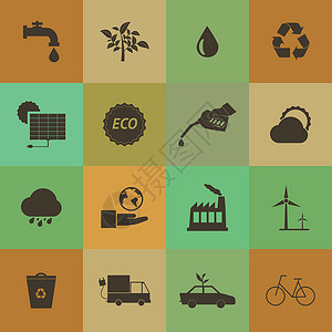 热回收生态图标设置矢量集太阳回收力量网络卡车地球自行车插图思考空气插画