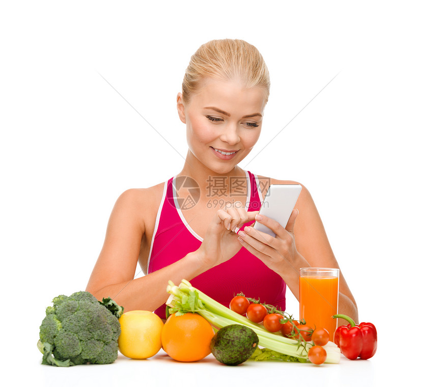 女用蔬菜指着智能手机的人互联网女孩数数生物菜单食谱程序损失维生素生态图片