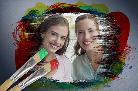 画笔小素材朋友在镜头中微笑的复合图像食堂笔触快乐朋友们蓝色画笔女性计算机创造力插图背景