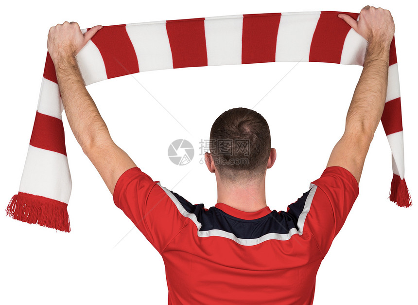 持条条围巾的足球运动员运动服活动白色男人红色齿轮男性播放器运动图片