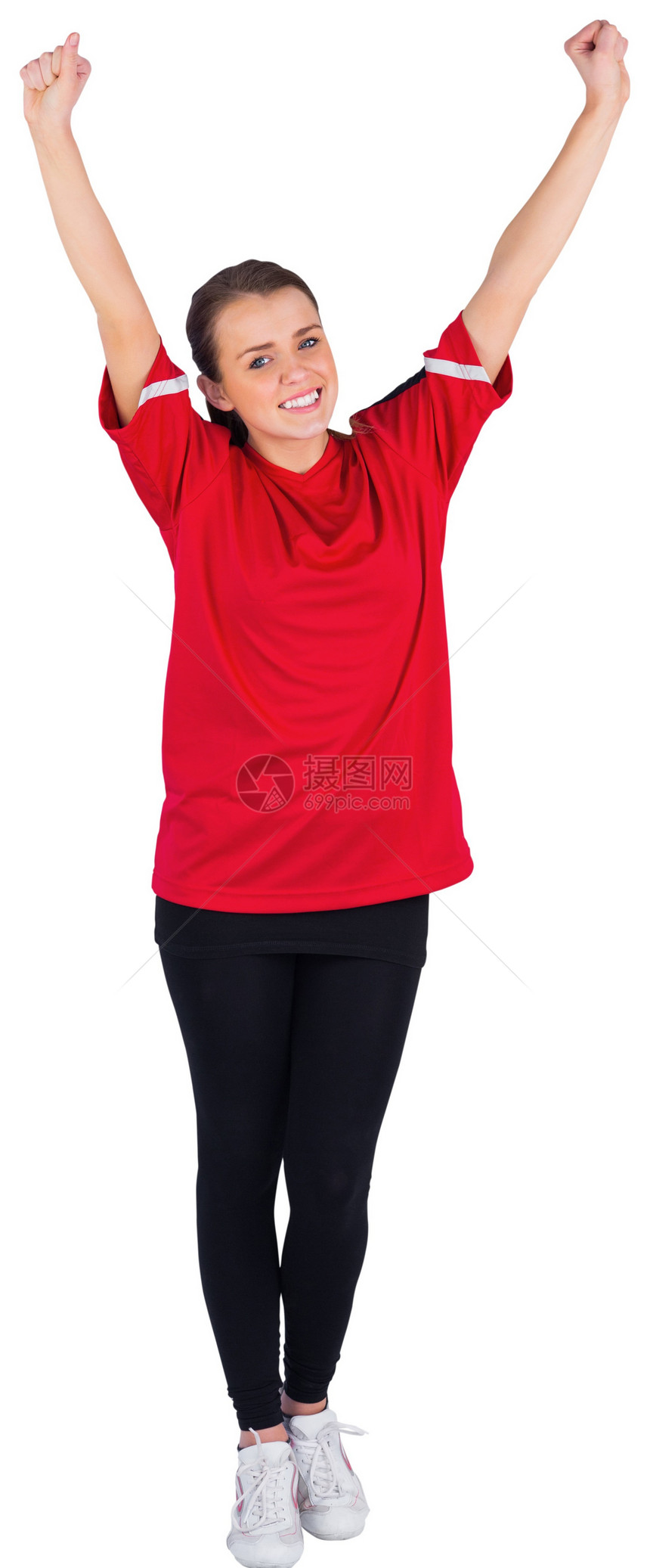 红欢呼的足球球迷兴奋世界欢呼支持者观众微笑女性活力杯子红色快乐图片