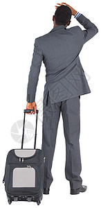 青年商务人士拿着手提箱站着黑色商务职业商业行李游客公司旅行男性男人背景图片