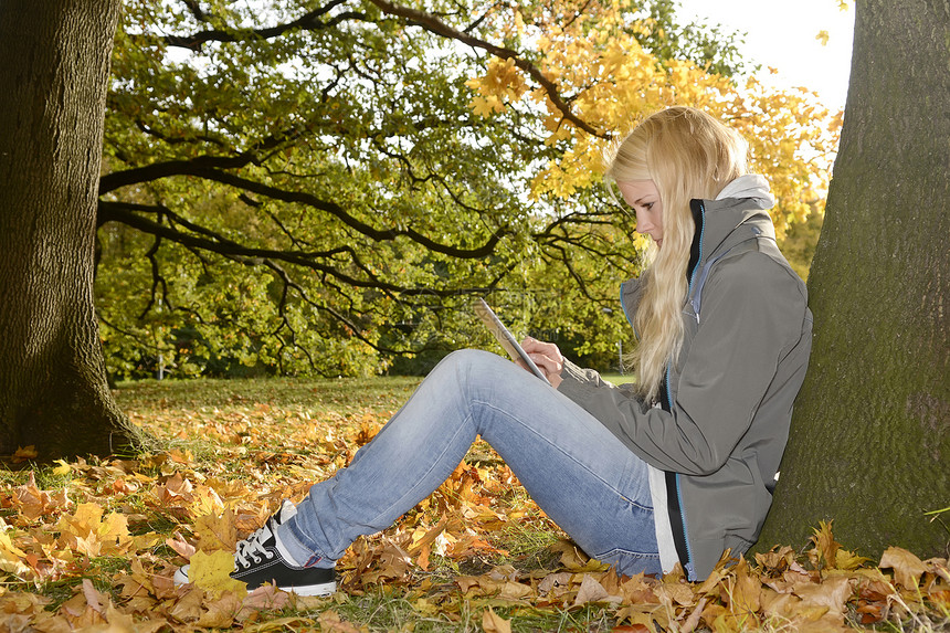 妇女用平板电脑长发金发阅读写作牛仔裤女士数位板电子书树叶公园图片