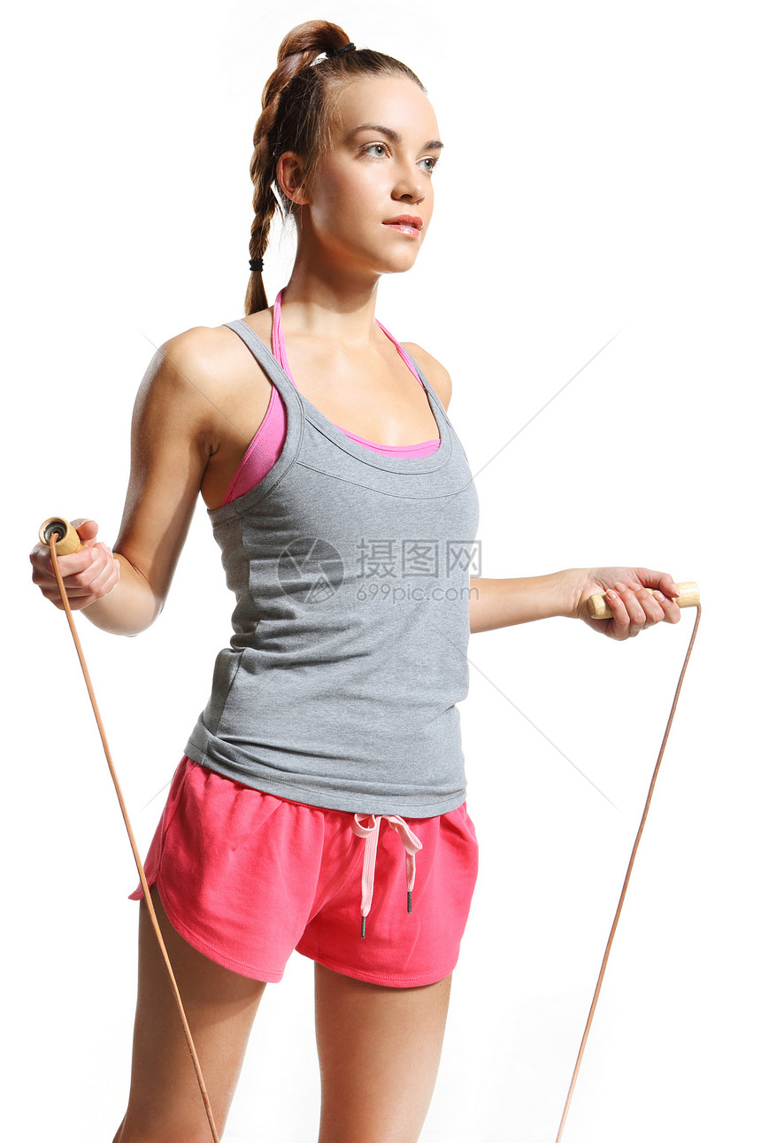 充满活力的女人跳绳内啡肽运动员出汗锻炼女士男人体操饮食肌肉幸福图片