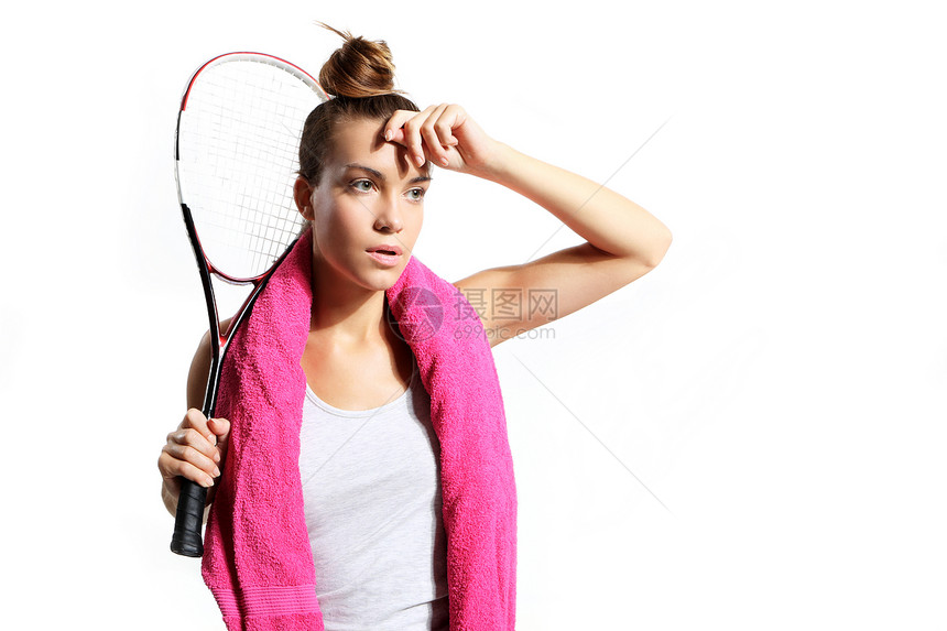 玩壁球游戏饮食女孩运动短裤肌肉身体幸福黑发出汗网球图片