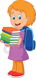 背包包的女孩卡通女孩带一堆书来孩子学生学校背包知识家庭作业插图智力学习微笑设计图片
