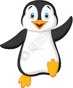 冻结的白色可爱企鹅漫画挥动冻结白色手势吉祥物夹子黑色冰箱推介会艺术微笑插画