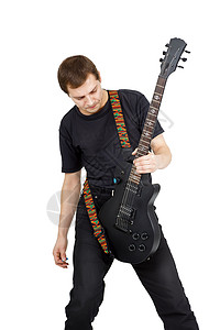 有电吉他 白背景被隔离的年轻人 每支细绳乐器独奏工作室白色音乐家成人男人音乐娱乐背景图片