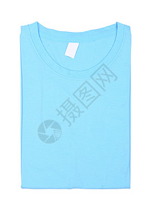 分离的折叠T恤衫服饰蓝色棉布衬衫青色服装白色领口衣服针织品背景图片