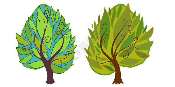 两棵卡通树的插图公园环境树木植物学叶子植物树叶季节绿色植物群背景图片