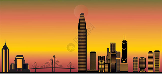 香港桥香港天线景观黑色场景地平线反射插图建筑学白色城市天际插画