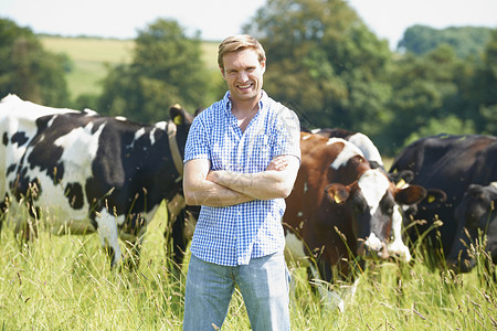奶农与牛群在田里的肖像农场高清图片素材