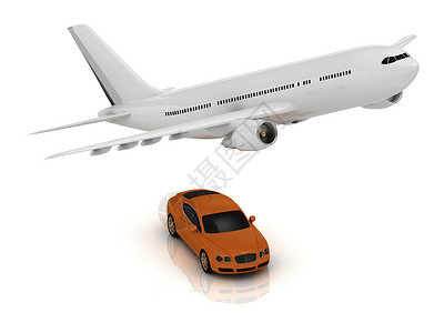 白色客机和橙色轿车旅行高清图片素材