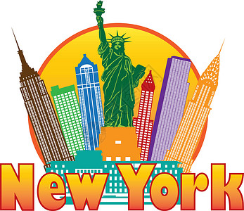 曼哈顿纽约市色彩多彩的天空线在圆圈插图插画