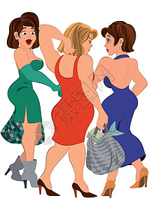 三个带袋袋的卡通妇女购物后聊天背景图片