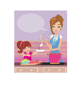 小女孩手拿蔬菜母亲和女儿在厨房里测试食物设计图片