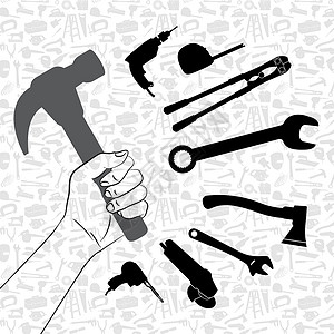 手握锤头和工具背景图案维修锤子力量服务横幅硬件建造白色工业插图背景图片