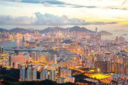 香港天线九龙天际摩天大楼中心日落建筑学地标爬坡城市市中心办公室背景图片