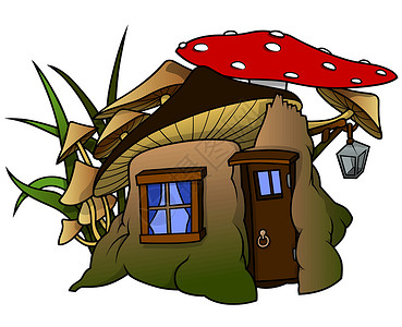 精灵之家小屋卡通片树桩矮人小房子童话灯笼剪贴漫画手绘背景图片