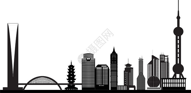 外滩黑白上海天线建筑建筑学外滩城市全景地标都市中心金融旅游插画