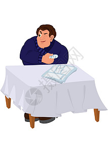 身穿蓝色毛衣的卡通男子坐在桌子上背景图片