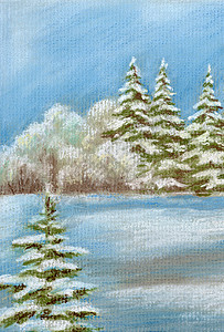 松树手绘油漆 冬季森林云杉手工写意环境蓝色针叶林植物针叶枞树天气背景
