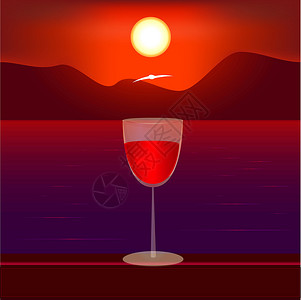 老酒女儿红酒精一杯酒天空酒精生活太阳奢华风景优雅海洋玻璃器皿插画