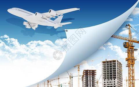 飞机和建筑工地天空涡轮运输折叠边缘翅膀绳索客机背景图片