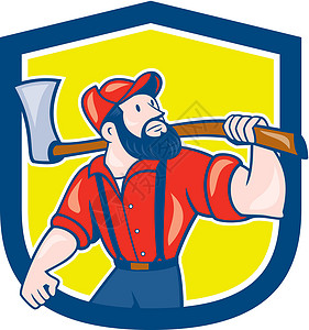 LumberJack 持有轴盾牌卡通卡通片男性斧头艺术品胡须农业锯工波峰记录器男人背景图片
