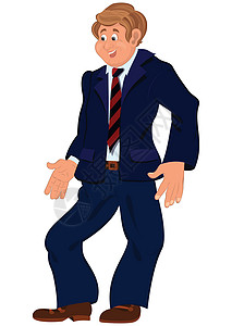 条纹西装快乐的卡通男子站在蓝色西装和红色条纹领带上插画