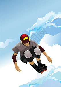 轮滑滑冰少年活动滚滚男孩跳过蓝天空背景 矢量疾病插画