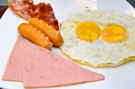 美式早餐火腿食物蛋黄白色熏肉文化油炸猪肉盘子营养背景图片