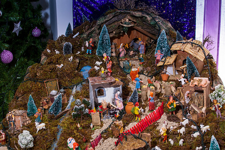 圣诞风景宗教预设楷模传统房屋牧羊人雕像派对背景图片
