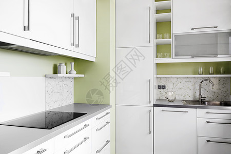 白色的简易厨房Name家庭家具冰箱房地产水平台面果色烹饪火炉橱柜背景图片