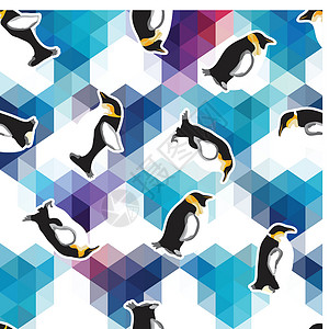 蓝企鹅带企鹅的抽象蓝晶冰背景 无缝模式 用作表面纹理横幅马赛克绘画圆圈野生动物艺术阴影数字化动物墙纸设计图片