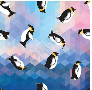 蓝企鹅带企鹅的抽象蓝晶冰背景 无缝模式 用作表面纹理墙纸马赛克派对动物野生动物三角形艺术圆圈多边形阴影设计图片