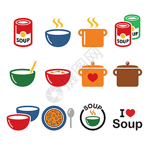 碗 罐和锅中的汤汁 食物图标集圆圈食谱勺子餐厅菜单盘子插图味道蔬菜起动机背景图片